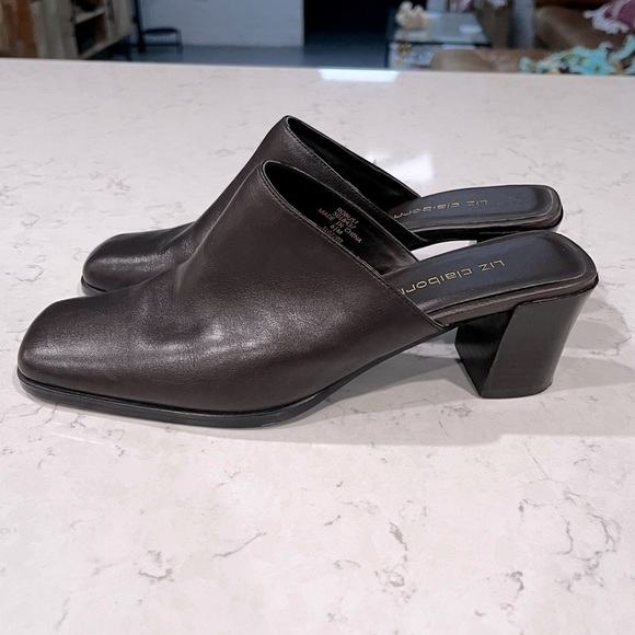 LIZ CLAIBORNE Y2K Brown Leather Square Toe Heeled Mules Size 6.5 - Picture 4 of 14